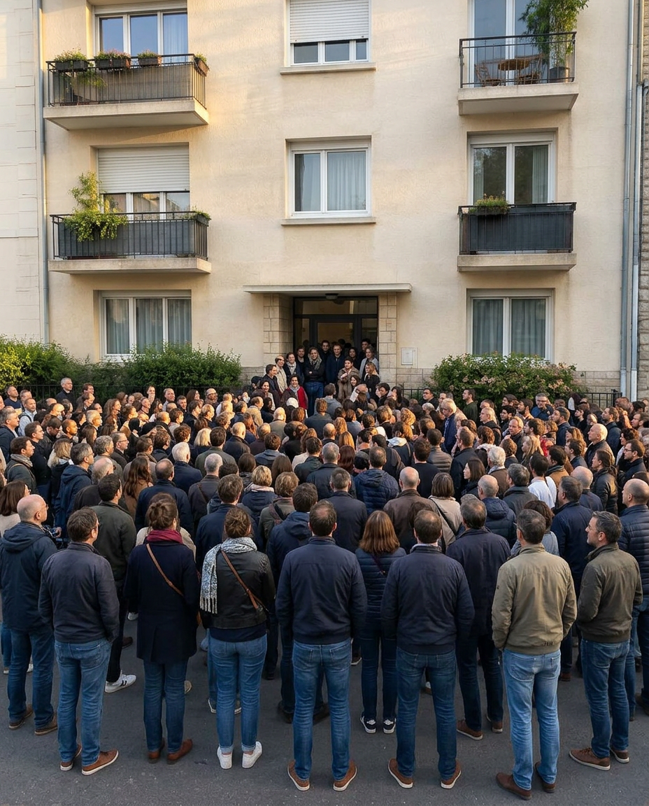Une foule devant l'immeuble, après
